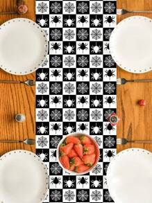 1pc/100pcs 35*180cm Halloween Spider Web Printed Polyester Tablecover - Black & White Check Design, Spider & Web Interwoven, Suitable For Halloween Party, Home Gathering, Dinner Table Decor, Classic Black & White Tone