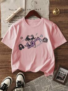 一件印有猫咪弹吉他图案的少女休闲太阳镜圆领短袖T恤，舒适时尚，适合儿童/女孩夏季学生穿着。 - 粉色 - 查看 3