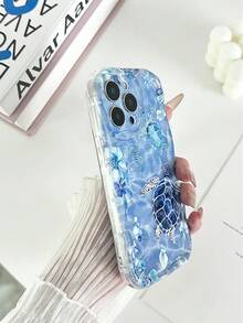 海龟与海洋全息奶油纹理波浪边透明手链支架科技彩绘穿孔极简防摔加厚手机保护壳，兼容 16/16 Pro Max、 15 XR/7/8、 15 Pro Max、12 Pro Max、13 Pro Max、14 Pro Max、13、14、11、12、14、P11 软壳、P12 防摔、XS、XR、7/8 P、7/8 GES2、红米手机