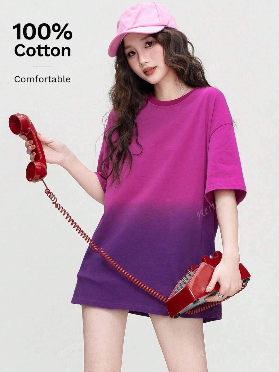 Washed Gradient Print Round Neck Cotton T-Shirt For Women