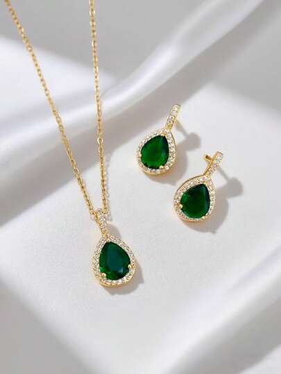 1 Set de collar y aretes de acero inoxidable con cadena y colgante de gota de agua con circonita verde micro-incrustada, conjunto de joyas de lujo personalizado, opción de regalo (sin caja de regalo)