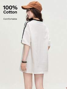 Fashionable Women Loose Casual T-Shirt With Raglan Sleeve And Striped Trim