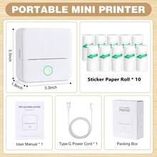 Mini Thermodrucker mit 10 Rollen selbstklebendem Papier, der kabellos Aufkleber ohne Tinte druckt. Ideal zum Erstellen von individuellen Bildern, Notizen und Etiketten für Scrapbooks, Tagebücher, Geburtstagsgeschenke, Halloween, Weihnachten, Karneval, Einschulung, Alltagsgeschenke
