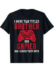Camiseta gráfica Brother Gamer para hombres - Algodón cómodo, camiseta de cuello redondo casual con diseño geométrico - Perfecta para actividades al aire  atuendo casual - Negro - Ver 1