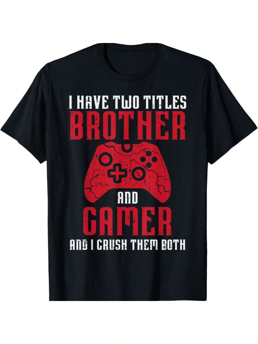 Camiseta gráfica Brother Gamer para hombres - Algodón cómodo, camiseta de cuello redondo casual con diseño geométrico - Perfecta para actividades al aire atuendo casual - Negro - Ver 1