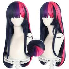 L70cm 27inch Twilight Sparkle Wig +Hair Cap Women Long Straight Purple Mix Pink Wig With Bangs Purple Pink Wigs Women Long Wavy Purple Pink Hair With Bangs Halloween Party Costume Outfit5001 - 紫色 - 查看 2