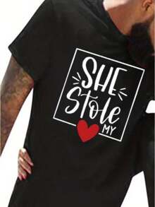 1pc She  My Heart And I'm Keeping It Print Couples Matching T-Shirts - Cotton, Casual Round Neck Tees For Newlyweds & Lovers - Perfect For Christmas & Valentine'S Day Gifts 180g Tee - 男款 - 黑色 - 查看 2