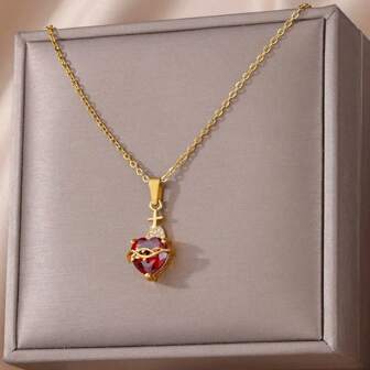 1 件项链圣心红色方晶锆石十字架吊坠不锈钢链项链宗教珠宝礼物送给好友