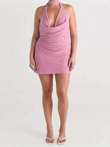 Women's Summer V Neck Dress Sleeveless Solid Color Halter Neck Mini Tank Dresses - 粉色 - 查看 3