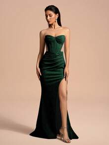 Romantic Ruffle Trim Slit Thigh Glitter Strapless Maxi Dress - Dark Green - View 3