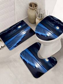 [1/4 Piece Modern Ocean Shower Curtain Set] 1/4 Piece Modern Artistic Home Decor Ocean, Beach, Moon Print Shower Curtain Set, All-In-One Bathroom Decoration, Including Waterproof Shower Curtain With Hooks, Non-Slip Mat, Toilet Seat Cover, U-Shaped Rug, Bathtub Divider, Bathroom Accessories, Household Essentials - Blue - View 8