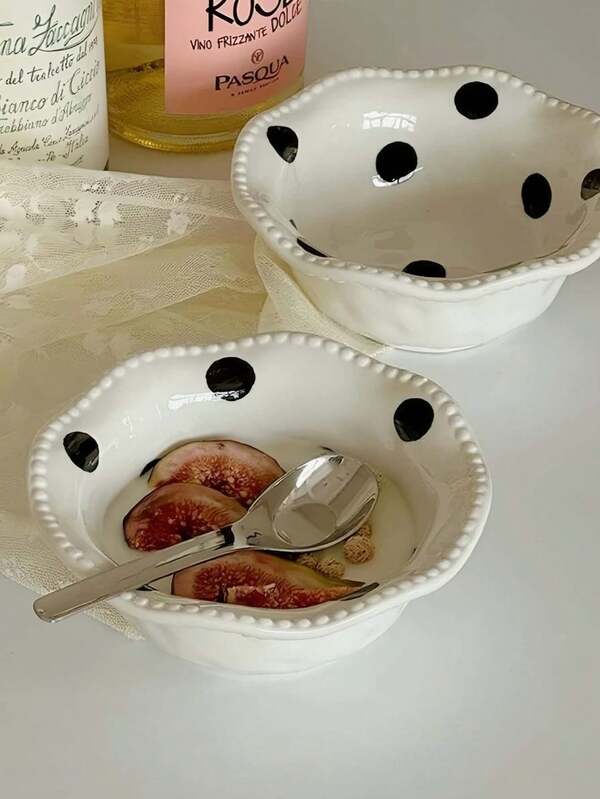 1pc Asymmetrical Pinched Polka Dot Ceramic Bowl, Ins-Style High-End Large Capacity Double-Ear Bowl, Polka Dot Spoon, Breakfast Yogurt Bowl, Rice Bowl, Double-Ear Soup Basin, Single-Serve Tableware Ceramic, Suitable For Home, Restaurant, Dessert Shop, Office, Gift