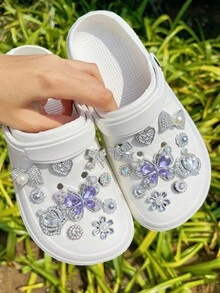 20 件银色和紫色大蝴蝶水钻皇冠鞋饰，适用于凉鞋、拖鞋、沙滩鞋、花园鞋、DIY 装饰配件