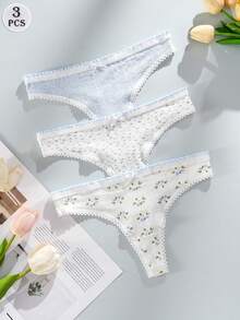 3Pcs Cute Floral Print Ladies Elegant Blue Color Thong Panty Set, Soft, Breathable, Comfortable Underwear With Bow Detail, Suitable For Yoga, Fitness, Sleep And Casual Wear, Yoga Lingerie | Playful Pattern | Soft Texture, DORSU - Multicolor - View 10