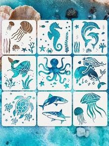 9 buc șabloane cu viață marină 15,01 x 15,01 cm șabloane oceanice pentru pictura animale marine șabloane model DIY șabloane sirenă șabloane din lemn pentru scrapbooking desen trasare mobilier meșteșuguri de perete, pentru rechizite școlare, înapoi la școală - Multicolor - Vizualizare 1