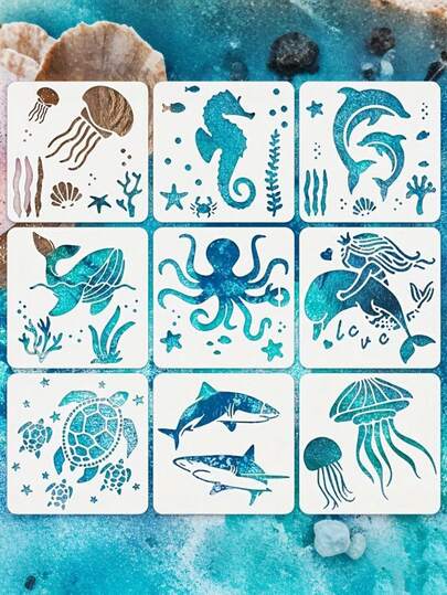 9pcs Marine Life Stencils 15.01 X 15.01 Cm Ocean Stencils For Painting Marine Animals DIY Pattern Stencils Mermaid Stencils Wooden Stencils For Scrapbooking Drawing Tracing Furniture Wall Crafts,For School Supplies,Back To School