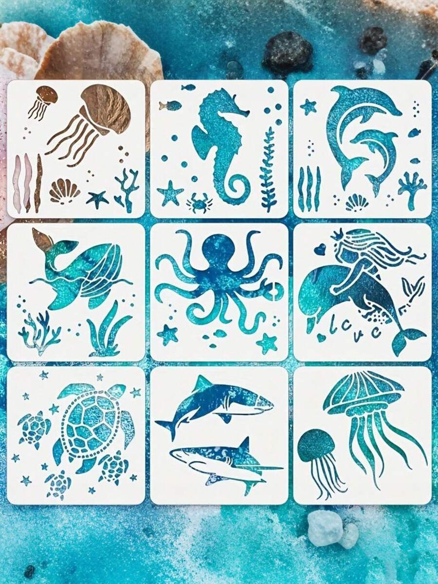 9 buc șabloane cu viață marină 15,01 x 15,01 cm șabloane oceanice pentru pictura animale marine șabloane model DIY șabloane sirenă șabloane din lemn pentru scrapbooking desen trasare mobilier meșteșuguri de perete, pentru rechizite școlare, înapoi la școală - Multicolor - Vizualizare 1