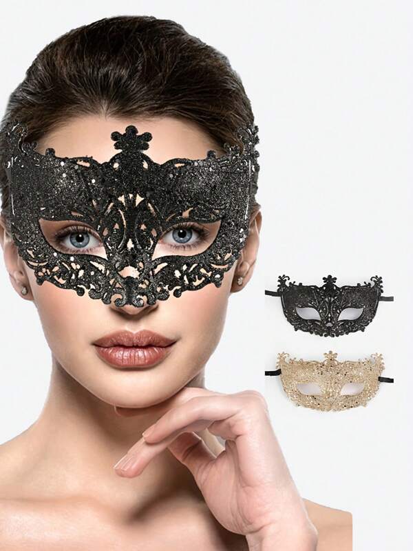 A Venetian Mask With A Golden Fox Design, Hollowed Out, Made Of Plastic, For A Masquerade Ball.