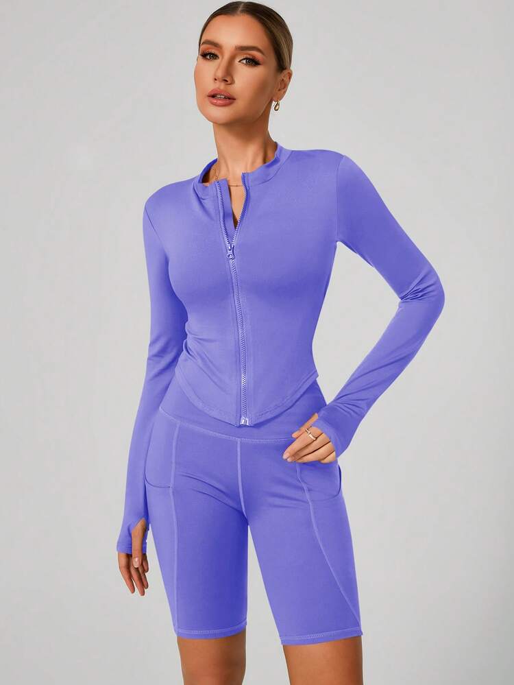 女性用ファッション スタンドカラー ジップアップ 長袖ヨガジャケット