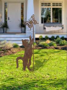 1 pieza Estaca de metal oxidado con forma de gato para el jardín, decoración de gato de metal envejecido para exteriores, ornamento para el patio o el césped para amantes de los gatos