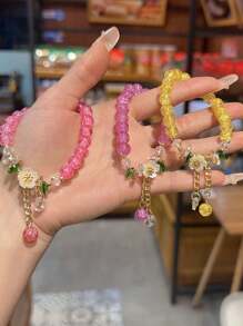 3 PiecesBoho Floral Beaded Bracelet Set: 5 - Color Crackle Glass Beads With Camellia Flower Charms, Gold - Tone Accents, Perfect For Summer Stacking, Festival Jewelry & Bohemian Style Lovers