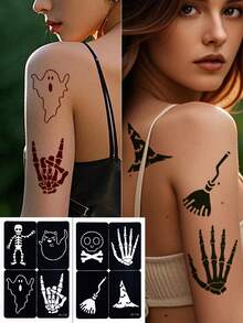 2 张万圣节纹身模板，骷髅头魔术帽类模板可重复使用的身体模板，闪光喷枪 DIY 纹身模板，适合女性女孩身体艺术自粘模板派对礼物 - 黑色 - 查看 10