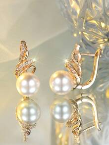 Tsnamer 1 Pair Of Elegant White Round Faux Pearl Leaf Clasp Earrings, Luxury And Fashionable Women's Jewelry Gift, Suitable For Party Wear, Everyday Wear,Charm Birthday Gifts - earrings - View 2