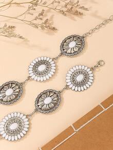 Cadena de cintura ovalada hueca plateada vintage, cinturón de cadena de metal geométrico y floral para la cintura, accesorio corporal ajustable con estampado en forma de V para vestidos estilo bohemio, aleación de zinc, apto para primavera, verano, otoño, invierno - Plateado - Ver 10