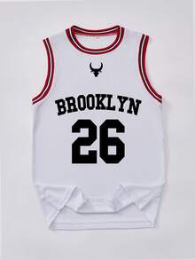 男式时尚布鲁克林印花 26 号篮球队拼接圆领无袖休闲篮球球衣，春夏 - 白色 - 查看 2