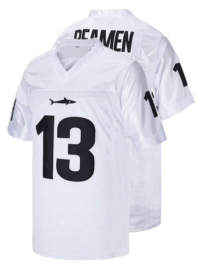 加大码男式 13 号白色美式足球球衣，英文字母刺绣宽松短袖套头 T 恤，适合休闲、街头、派对、运动、跑步