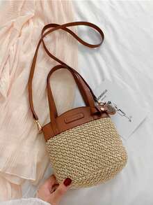Fashionable Casual Versatile Color Block Woven Tote Bag - Multicolor - View 7