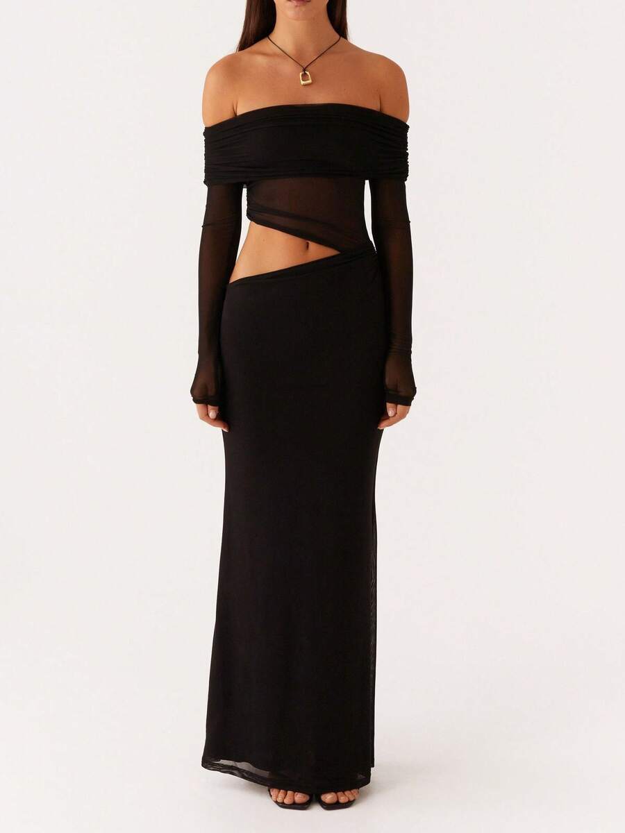 Women Long Off Shoulder Dress Slim Ruched Solid Color Cut Out Long Sleeve Backless Mesh Bodycon Dress For Party Club - Black - View 1
