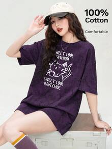 猫咪印花宽松休闲短袖T恤，日常穿着