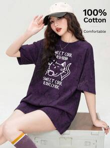 Cat Print Loose Casual Short Sleeve T-Shirt, Everyday Wear