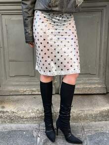 Women's Summer Skirts Sequins Lace Trim Elastic Waist See Through Short Pencil Skirts - trắng - Xem 2