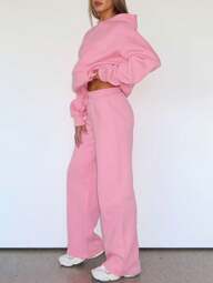 Tweedelige set herfst- en winterset met casual effen sweatshirt, top met capuchon en zakken, gecombineerd met een elastische tailleband met trekkoord en rechte pijpen, tweedelige set. Outfits Suit