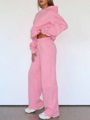 Set di due pezzi, felpa casual tinta unita per autunno e inverno, con cappuccio e tasche, abbinata a pantaloni dritti con vita elastica e laccetto, completo di due pezzi.