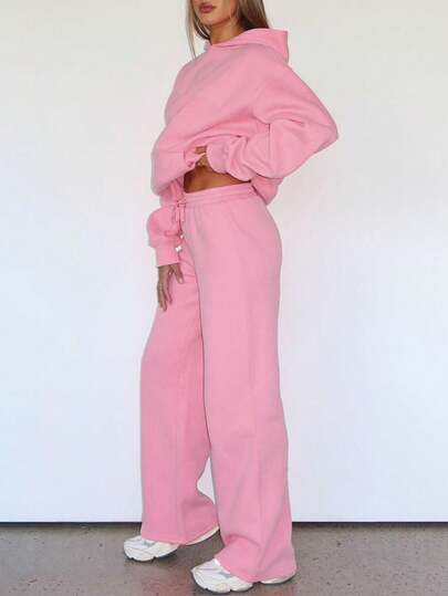 Two Pieces Set Autumn And Winter Casual Plain Sweatshirt Set, Hooded Pocket Top, Paired With Elastic Waist Drawstring Straight Leg Pants, Two Pieces Set.Outfits Suit