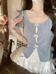 女士夏季蕾丝拼接二合一短袖T恤，适合情人节、秋冬季穿着 - 藍色 - 查看 6