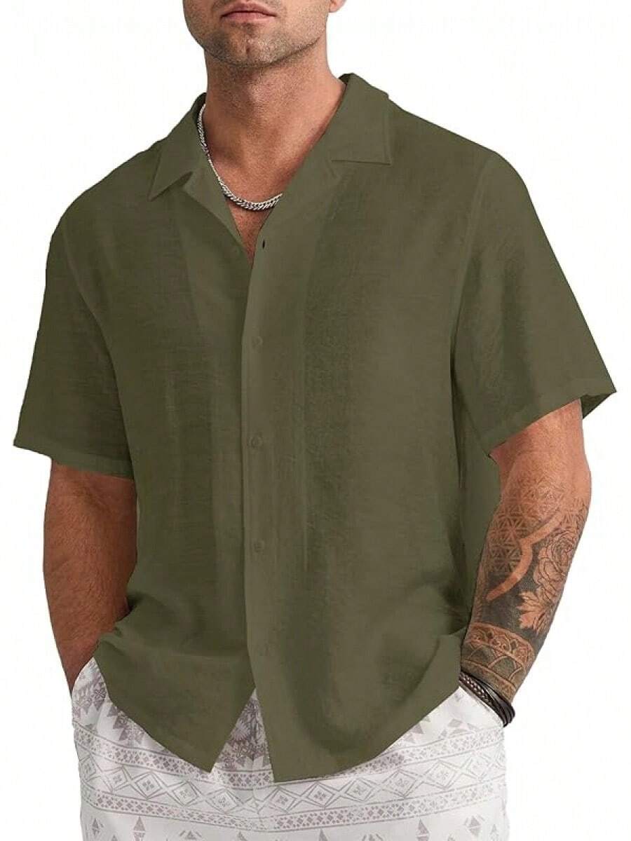 Mens Linen Button Down Shirts Short Sleeve Basic Cuban Regular Fit Wedding Summer Beach Tops - Army Green - View 1