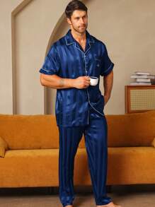 Men 2pcs/Set Short Sleeve And Long Pants Pajama Set, Striped Pattern With Love Embroidery, Casual Spring/Summer/Autumn Sleepwear
