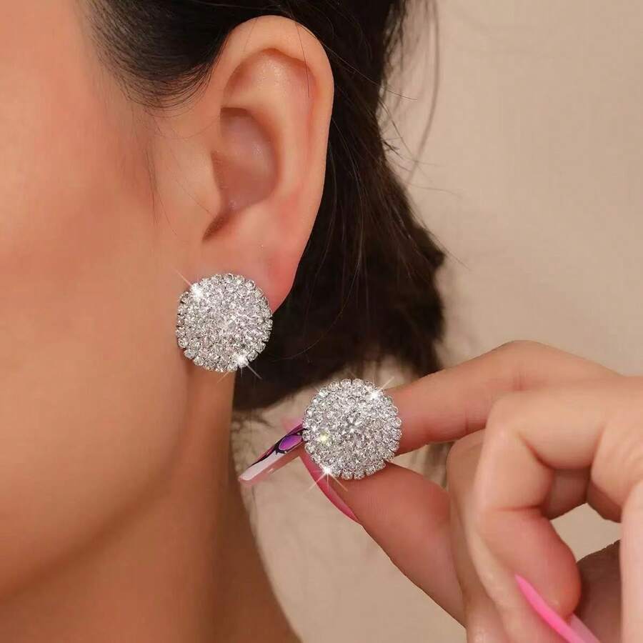 1 Pair Fashionable New Round Crystal Earrings For Women, Versatile For Daily Casual Wear