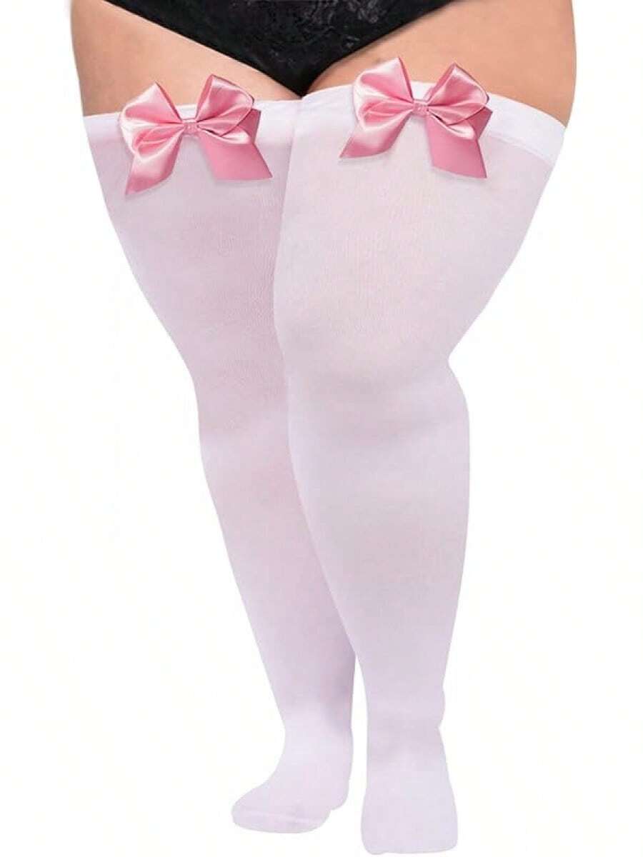 Women Plus Size Bow Thigh Highs Stockings Opaque Over The Knee Socks For Valentine's Day Dress Daily Favors - trắng - Xem 1