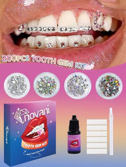novani 200PCS/Set DIY Tooth Gem Kit(With Glue), Tooth Jewelry Gems Kit, Crystals Bedazzle Gems, Teeth Jewelry Starter Kit,Women&Man Tooth Jewelry