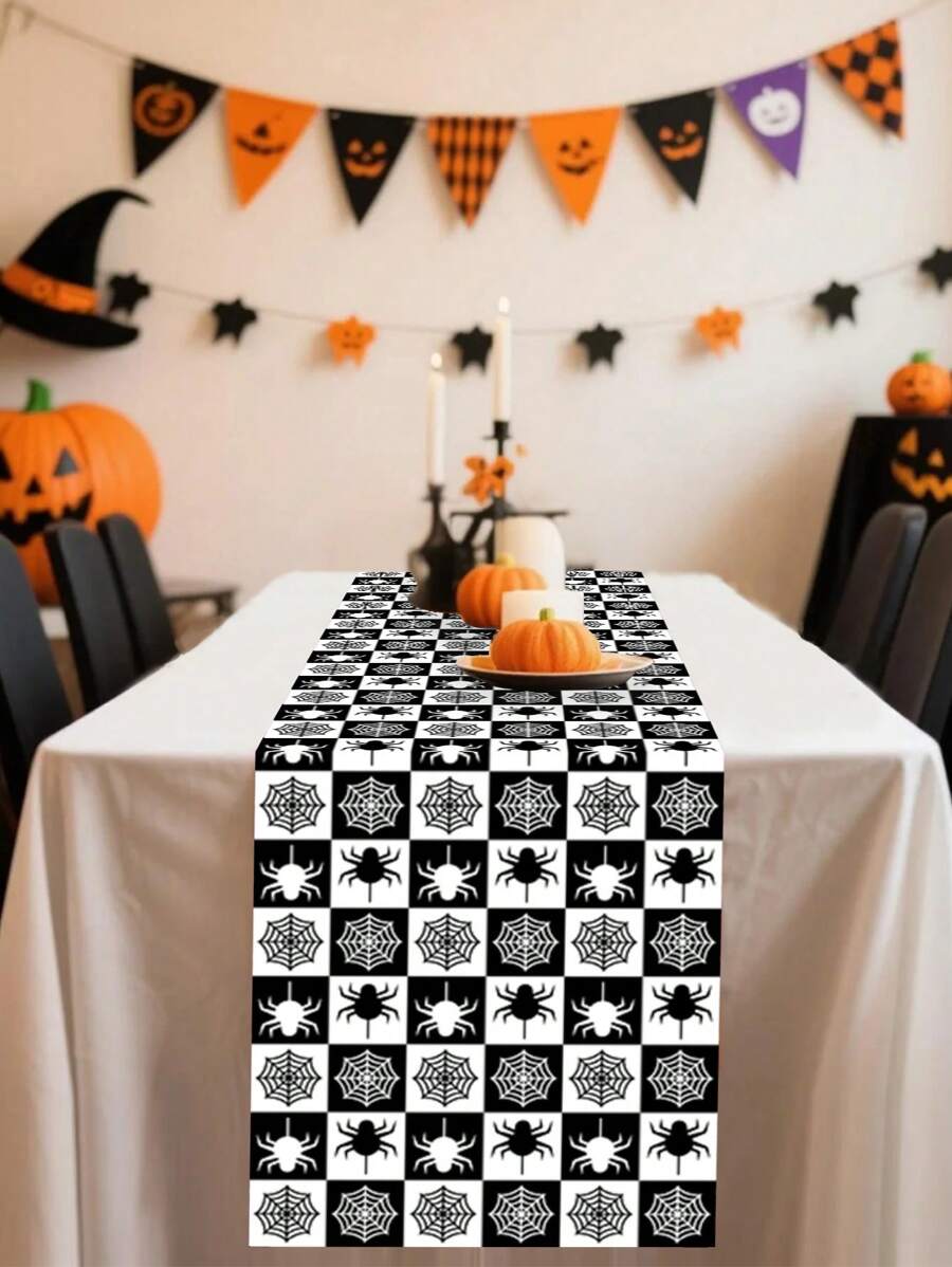 1pc/100pcs 35*180cm Halloween Spider Web Printed Polyester Tablecover - Black & White Check Design, Spider & Web Interwoven, Suitable For Halloween Party, Home Gathering, Dinner Table Decor, Classic Black & White Tone
