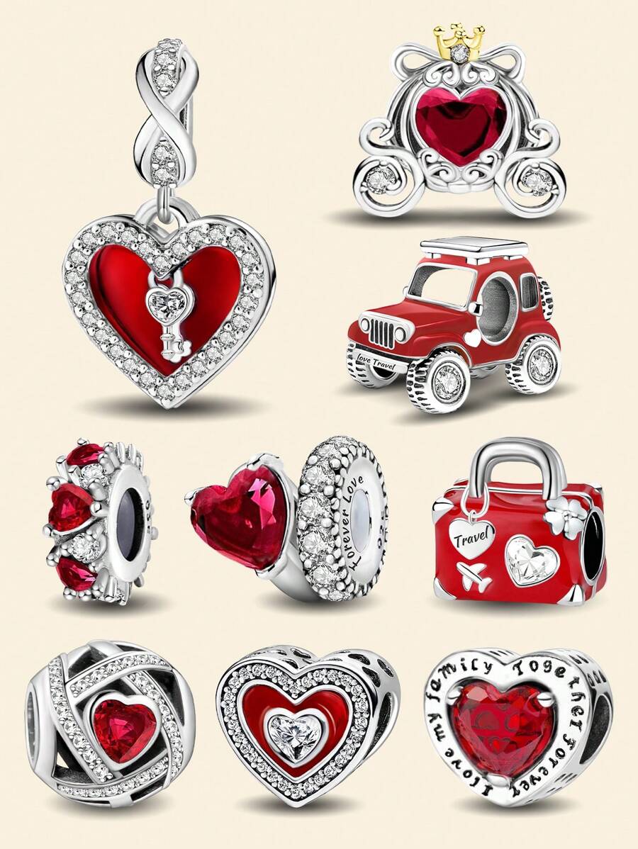 1 PC Fashionable 925 Sterling Silver Red Love Zirconia Double Ring Beads Pendant Beads Pendant Ball Suitable For Bracelets DIY Women's Jewelry
