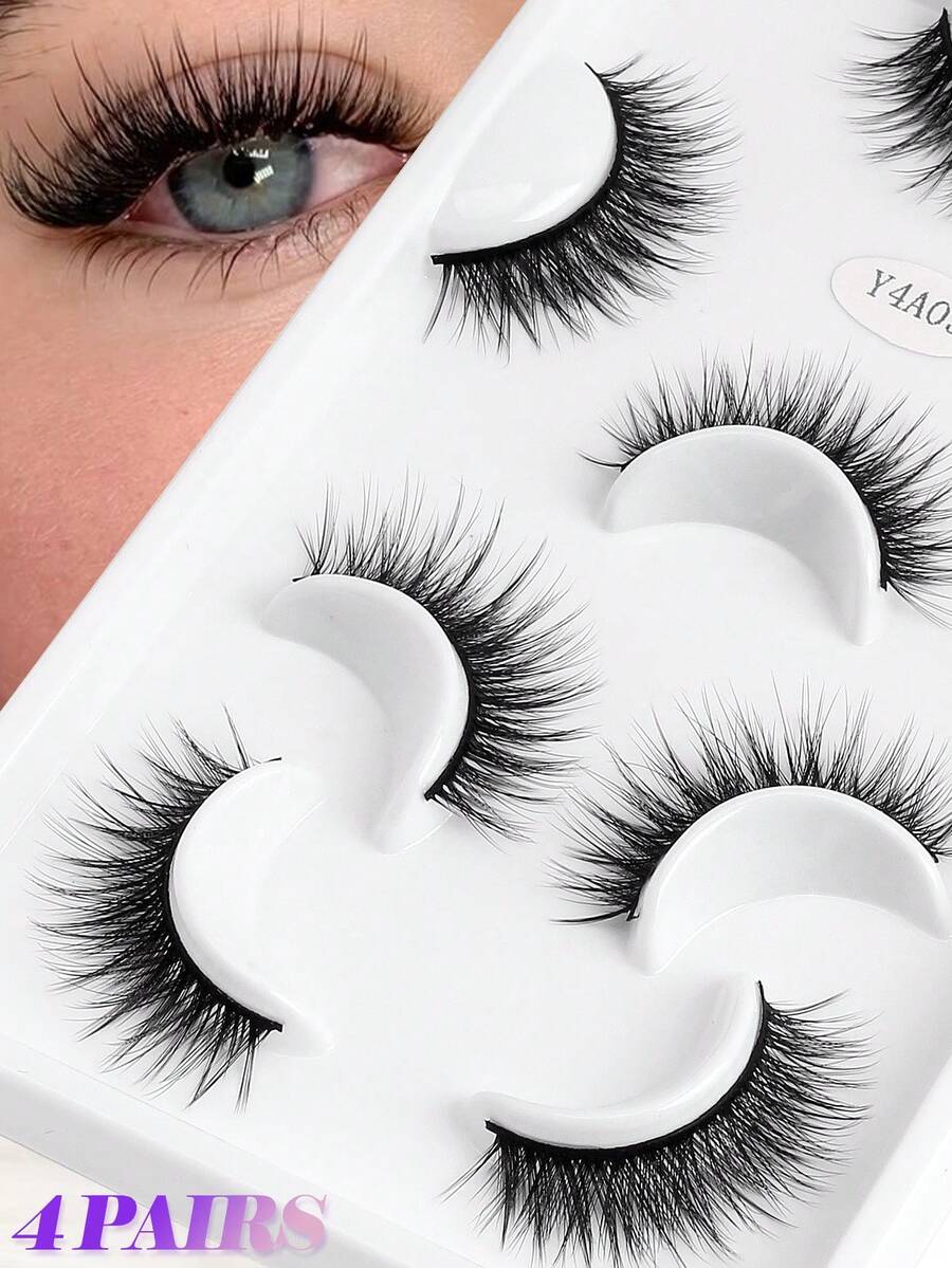 Happy Butterfly 4 对假睫毛 猫眼睫毛 纤细自然仿貂毛睫毛 4 对装 轻盈浓密短款假睫毛 多包装