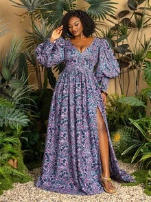 TribalChic Plus 女式大码连衣长裙：修身 V 领，优雅灯笼袖，时尚高开衩，飘逸 A 字廓形。适合日常出游、海滩休闲漫步、周末度假和户外野餐。 - 紫色 - 查看 5
