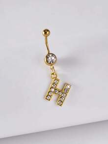 1pc Fashionable Classic 26 Letter Shape Pendant Goldtone Stainless Steel Navel Ring With Shiny Cubic Zirconia, Minimalist Style Body Piercing Jewelry Suitable For Women Daily Wear - Yellow Gold - View 16