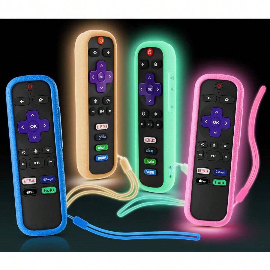 [4 Pack] SOTATOO Case For Roku Remote Battery Cover For  Roku Smart TV Steaming Stick Remote Silicone Protective Controller Universal Sleeve Skin Glow In The Dark Pink Orange Green Blue - GlowPink+GlowOrange+GlowLightGreen+Blue - View 1